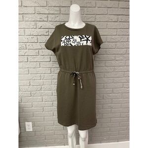 DKNY Olive Green Logo Drawstring Waistband T Shirt Dress Size S